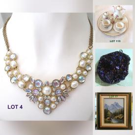 MaxSold Auction: This online auction features crystal perfume bottles, vintage pearl and Aurora Borealis jewelry, semi-precious gems and pendants including quartz and turquoise, German and Japanese and English collectible plates and teacups and sets, quilts, paintings, cast iron decor, fur stoles, unique candle holders and much more!