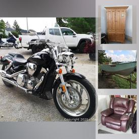 MaxSold Auction: This online auction features a Honda 1300 motorcycle, saddlebags, older outboard boat on trailer, stair mobility lift, solid oak hall table and armoire, folding chairs, carpets, office items, decor, exterior door, paint tool, folding chairs, stepladder, yard tools, household hardware, power tools, wheelchair lift ramp for van, seasonal decor and much more!