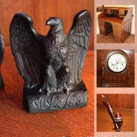 MaxSold Auction: This online auction features antique roll top desk, German Mohair Teddy bear, antique Relmer Cathedral radio, Murano glass, Italian vintage pipe, art deco table light, Buzza Motto prints, Hitachi chop saw, vintage tools, green depression glass, Longaberger baskets and much more.