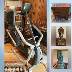 MaxSold Auction: This online auction features Samsung television, cardio strider exercise equipment, framed artwork, wood carvings, brass Buddha head, oriental rugs, Noritake China, art glass and much more.