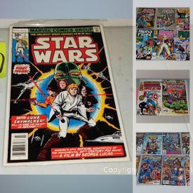 MaxSold Auction: This online auction features a large collection of comic books such as Star Wars, Fantastic four, horror comic book, Master of Kung Fu, Spider-Man, daredevil, Wolverine, X-men, Batman, Avengers, Iron man, Green Lantern, Harley Quinn, Black Widow, Wrestling, sports magazine and much more.