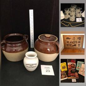 MaxSold Auction: This online auction features tons of collectibles to include beer glasses, Disney items, crocks, antique books, vintage advertising, wind chimes, American flags, cast iron, vintage tools, life magazine, fiesta ware, furniture and much more.