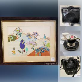 MaxSold Auction: This online auction features collectibles such as vintage tins, antique oil lamp, and fine china, new items such as Waterpik, outdoor light, Christmas decor, HDMI cable, and Remington shaver, small kitchen appliances, art such as original paintings, and signed prints, Nikon camera with accessories, Fender amp, light fixtures, vintage toys, home decor, linens, handbags, glassware, wooden cabinet, kitchenware, cookware and much more!