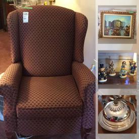 MaxSold Auction: This online auction features teak furniture, prints, china, crystal, brass decor, couch, pottery, silverplate, baskets, foot massager, art, outdoor furniture, birdbath, Hummels, faux tree, office items, pressure washer, household items and garden tools and much more!