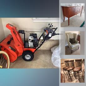 MaxSold Auction: This online auction features a snowblower, leather sleeper sofa, rattan furniture, Papasan chairs, books, glassware, kitchenware, coffee table, lamps, desk, washstand, wicker armoire, patio furniture, planters, outdoor gas grill and much more!