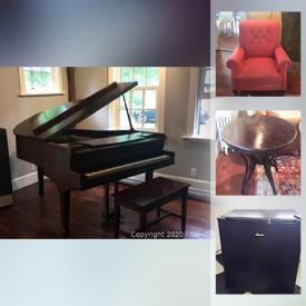 MaxSold Auction: This online auction features a baby grand piano, loveseat, Parisian light, chairs, sofa, Nantucket sconces, chandelier, canisters, liquor cabinet, rowing machine, exercise machine, mini-refrigerator and much more!