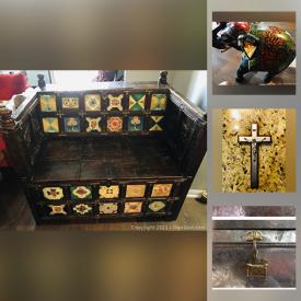 MaxSold Auction: This online auction features iron storage boxes, antique hand-painted bench, handmade home decor, and more!