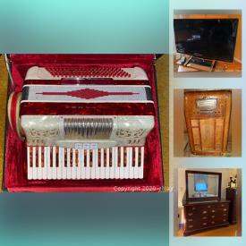 MaxSold Auction: This online auction features a singer sewing machine table, Heywood Wakefield hutch, corner cabinet, old oval stove with hairpin legs, a Samsung 40in television, Davinci accordion, monitor, lamp, projector screen, wind chimes, bells and much more.