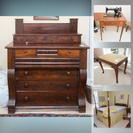 MaxSold Auction: This online auction features a sewing machine, dresser, mirrors, books, prints, sofa, teapots and more, antiques, silver plate, oil lamp, holiday lights, BBQ, clothing, toys, linens, rug, glassware, antique chairs and much more!