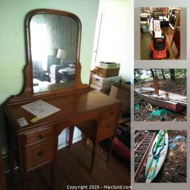 MaxSold Auction: This online auction features a lane cedar chest, vintage 4-drawer dresser, vintage dressing table with an attached mirror, 10ft Traveler sailboat, vintage lift top student desk and much more. 