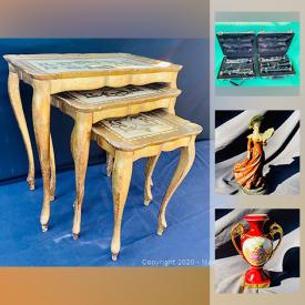 MaxSold Auction: This online auction features nesting tables, beveled mirror, bust, art glass, blades, tray, vintage clown, chamber of lightning, art, pottery, LEGOs, books, planters, games, maps, patches, pennants, decor and much more!