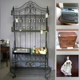 MaxSold Auction: This online auction features a leather loveseat, antique dry sink, vintage furniture, costume jewelry, books, DVDs, standing clock, sheepskin rug, Royal Doulton figurines and other decor, pewter goblets, crystal, bakers rack, framed hook rug and much more!