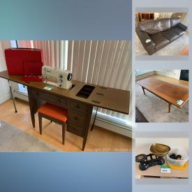 MaxSold Auction: This online auction features a mid-century modern Teak coffee table, leather sofa, Teak record shelf, wood display cabinet with mirrors and lighting, huge kitchen and bakeware items, thread, buttons, travel iron, books, Sony Cybershot and much more.