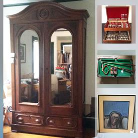 MaxSold Auction: This online auction features a signed oil on canvas, desk, wood cabinet, baskets, storage cabinets, antique knockdown wardrobe, music box, weather station, wall cabinet, flatware, books, sterling, pig items, quilts, vintage kitchen items, fur coat, copper items and much more!