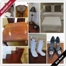 MaxSold Auction: This auction features Ethan Allen entertainment cabinet and armoire,King sleigh bed, storage shelves, bathroom decor,tables and chairs,lamps, fireplace set,hunter ceiling fans,fridge,Honda lawn mover,Helly Hanson boots,Chanel shoes and much more.