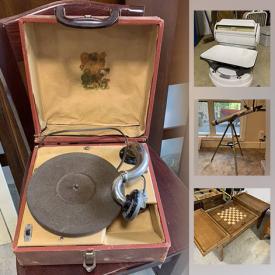 MaxSold Auction: This online auction features a telescope, antique trumpet, prints, oak table, wall shelves, exerciser machines, massage table, game table, books, portable typewriter, record player, antique produce scales, compound bow, workout rack, liquid container and stand, commercial clothing racks, record player and much more!