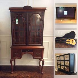 MaxSold Auction: This online auction features glass coffee table, area rug, antique Burled walnut furniture, original art, costume jewelry, mirrored cabinet, Rosenthal China set, polaroid TV, patio furniture, guitar and much more!