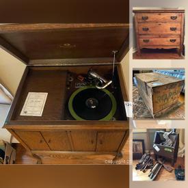 MaxSold Auction: This online auction features camping equipment, sporting equipment, power tools, ladders, sewing machines. Antique and vintage furniture. Victrola, Edison Phonograph, vintage radio. Musical instruments to include Ukulele, Guitars, Harp, Trumpet. Fans, heaters, linens, baby quilts, Sharp Tv, vintage books and much more.