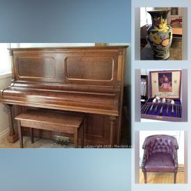 MaxSold Auction: This online auction features Drexel desk, Swan chair, wine fridge, Heintzman antique piano, vintage English saddle, Cement planters, vintage jewelry, vintage books, Waterford crystal glasses, Masons Vista transferware, vintage Chinese lanterns, weight bench, art pottery, TV, vintage gaming systems and much more!