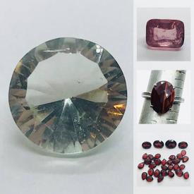 MaxSold Auction: This online auction features gems such as Green Amethyst, Quartz, Carnelians,
Tourmaline, Garnets, Onyx, Amethysts, Obsidian, Moonstones, Emeralds, Sapphire, Ammolite Triplet, and Jewelry such as Ametrine ring, Red Tigers eye-ring, Cluster earrings and much more!