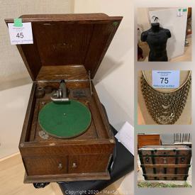 MaxSold Auction: This online auction features costume jewelry, Bakelite jewelry, jewelry, china, lamps, pottery, carved masks, gramophone record player, polaroid camera. Furniture, trunks, vintage furniture, outdoor shutters, sporting goods, gardening and much more.