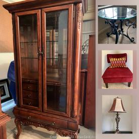 MaxSold Auction: This online auction features lighted Etagere, bedroom furniture, dining room furniture, hope chest, jewelry Armoire, iron trundle bed, framed wall art, standing mirror and much more!