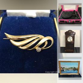 MaxSold Auction: This online auction features Gold and Diamond brooch, pearl jewelry, 925 silver necklaces, clarinet, sterling silver souvenir spoons, fiesta ware, art pottery, costume jewelry, red rose tea figurines, brass rubbings, vintage slag glass lamp, power tools and much more!