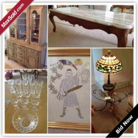 MaxSold Auction: This online auction features china cabinet,collection of Meito Garden Rose ivory china, dining room table, chairs, Lenox Crystal, Lladro figurines, Tiffany style lamp, prints and much more!