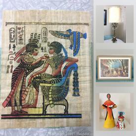 MaxSold Auction: This online auction features statues, lamps, prints, Asian panel decor, papyrus art, Costa Rica signed vase, decorative plates, Tonka toys, serving trays, books, LPs, ice bucket, baskets, occasional table, carpet runner, serving ware and much more!