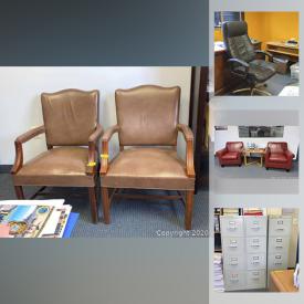 MaxSold Auction: This online auction features office furniture such as desks, office chairs, tables, office desk with wicker drawers, conference table, chairs, bookshelf, decorative wall shelves, credenzas and more, plants, office supplies, electronics, wall art, air filters, presentation boards, collapsible wagons and much more!