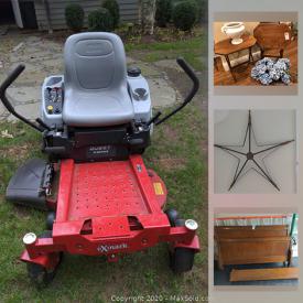 MaxSold Auction: This online auction features zero turn riding mower, gardening power tools, Pyrex cookware, Cuisinart cookware, vintage furniture, scuba diving equipment, fishing equipment, power hand tools, margarita maker, custom drapes and much more.