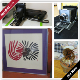 MaxSold Auction: This high end auction features Hasselblad and Linhof cameras and accessories, Satsuma jar and bowl, Inquit art, power tools, brass bed, teak furniture and much more!