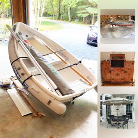 MaxSold Auction: This online auction features boats such as handmade canoe, Zoom dinghy, and Walker Bay dinghy, John Deere tractor, collectibles such as silver plate, foreign currency, antique prints, and Lenox, furniture such as antique radio cabinet, marble tabletop, antique walnut entertainment center, and Bassett lounge chair, electronics such as Dell peripherals, and Panasonic TV, framed wall art, professional drafting machine, cameras, books, glassware, pottery, board games, area rugs, small kitchen appliances, house plants, barware, patio furniture, office supplies, linens, gardening tools, Craftsman air compressor, Karcher pressure washer, Pramac generator, Raleigh bicycle, vintage trunks, Kenmore sewing machine, vinyl albums, and linens, costume jewelry, Christmas decor, SpeeCo log splitter, camping gear, shelving, outdoor swing and much more!