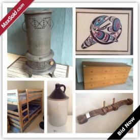 MaxSold Auction: Silver plate, prints, hand carved oxen yolk, Kerosene stove, electronics, trunk, glassware, chest set, bunk bed, moonshine jugs, Coach and Calvin Klein bags, Randor and Royal Doulton floral bouquet, cups and saucers, sofa, office desk and much more.