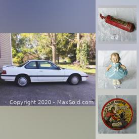 MaxSold Auction: This online auction features 1989 Honda Prelude, Victorian couch, commode sets, Blue Willow China, Hobnail glass, Cranberry glass, spinning wheel, prints, music boxes, slag glass lamp, carnival glass, Olympic memorabilia, statues & figurines and much more!