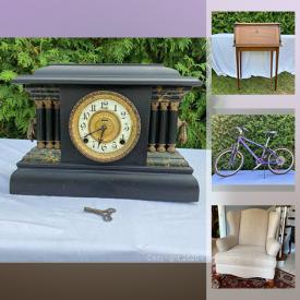 MaxSold Auction: This online auction features a secretary desk, barrel table, telephone table, vanities, vanity tops, bar top table, art, shutters, mirrors, clothing, skateboard, sports items, chainsaw and garden tools, Thule roof racks, bikes, sawhorses, lighting and much more!