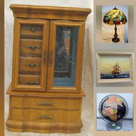 MaxSold Auction: This online auction features a figural bust, vintage bracelets, prints, figurines, dressmaker's dummy, gargoyle wall mount lamp shade, etching, animatronic chimpanzee, lithoed mirror, knick knack cabinet, stained glass lamp and much more!