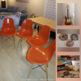 MaxSold Auction: This online auction features guitars, sports team belt buckles, vintage openers, comics, Motorcycle leather jacket, vintage postcards, Eames side chairs, art glass, LPs and much more!