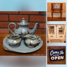 MaxSold Auction: This auction features an antique white display cabinet, Knechtel China cabinet, vintage writing desk, vintage tea cart with wheels, railroad oil lamp, blue mountain pottery, antique white milk glass ruffled edge pedestal cake plate, convention carnival glass and much more.