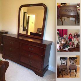 MaxSold Auction: This online auction features Sleigh bed, MCM Teak furniture, doll collection, miniature tea sets, small kitchen appliances, large doll house, antique baby buggy, TV, Gibson masks, stained glass, solar bird bath, chest freezer, mini-fridge, Limoges dinnerware and much more!