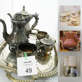 MaxSold Auction: This online auction features decor, collectible wall plates, Wedgwood, Limoges, vases, marble coffee table, Turkish coffee set, statues, file case, dog figurine, Bunnykins, vintage kitchenware, platters, Corningware, square end tables, armchair, MCM furniture, candles, jackets, mirrors, romance magazines, pedestals, four-seater sofa, Nuwave oven and much more!