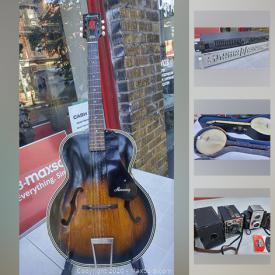 MaxSold Auction: This online auction features several musical instruments to include guitars, banjos, horns, ukulele, bass guitar, foot peddles, music stands, vintage electronics to include mixers, turntables, speakers, cameras Nikon, Pentax, Canon, vinyl records and much more.