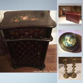 MaxSold Auction: This online auction features makeup, signed brass candlesticks, perfumes, brass items, Bayreuth cake plate, Tetley tea set, serenity pond, decor, curtains, concealment clock, chairs, royal memorabilia, Christmas decor, royal memorabilia, games, novelty items, humidor, dresses, vintage toys, cake plate and much more!