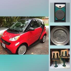 MaxSold Auction: This online auction features a smart car, antique bar stools, Swiss copper items, transistor radio, vases, ashtrays, prints, art, table lamps, servers, games, wicker tea cart, bar items, trading cards, bone china, antique teapots, bug hats, MCM ice bucket, 1952 typewriter, hanging forms, pine bench, seasonal decor, wigs and much more!