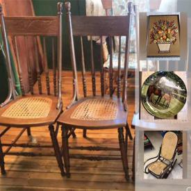 MaxSold Auction: This online auction features Blue mountain pottery, pink depression glass, vintage pyrex, teacups, kids toys, antique child rocking chairs, antique quilts, TV, iron bed, teacups, green depression glass, blanket box, collector plates and much more!