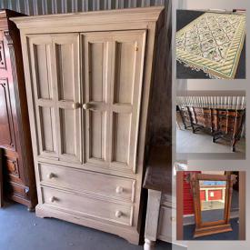 MaxSold Auction: This online auction features antique furniture, Turkish rug, antique wooden mirror, distressed white hutch, solid wood TV cabinet and much more!