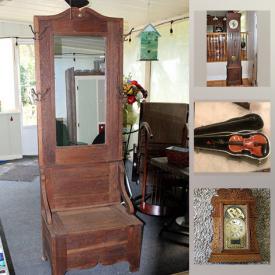 MaxSold Auction: This online auction features an antique hall tree, vintage toys, camera, books, seasonal decor, table linens, double Adirondack rocker, grandfather clock, German wall clock, park bench, Mikasa bowls, vintage violin, angels and much more!