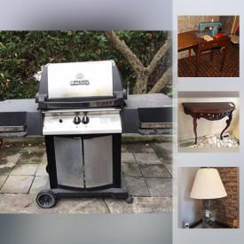 MaxSold Auction: This online auction features a carved wood hall table, books, two metal toolboxes with assorted hand tools, nails, Johnson Bros. coffee and tea set with sugar, cream and milk, Breville juice fountain and party supplies, eight covered pots, two copper, roasting pan, Large wood wall unit, two metal and paper floor lamps, Broil king BBQ, cast iron coal scuttle, Folk art glass and art glass, brother brand multifunction printer, A collection of assorted mad and cracked magazines, a pair of matching metal candelabras, 3 decorative art glass vases, vintage wedding dress, charcoal BBQ by Samson and much more.