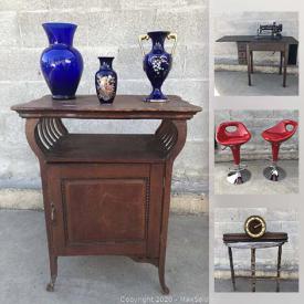 MaxSold Auction: This online auction features furniture such as Structube stools, wooden chairs, and antique wood table, vintage sewing machine, sterling silver, planters, home decor, light fixtures, gardening tools, brassware, garage entry doors and much more!