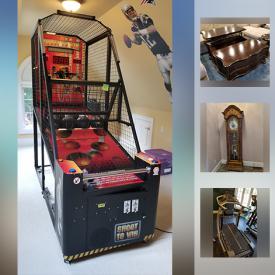 MaxSold Auction: This online auction features electric popcorn maker cart, Sportcraft foosball/air hockey table, Basketball arcade game, collectibles such as sports memorabilia, Fitz and Floyd, Bunnykins, and pewter, sports equipment such as poolside basketball hoop, baseball gear, pool toys, and ping pong table, exercise equipment such as Bowflex home gym, weight lifting bench, and tread climber, art such as original painting, metal wall art and framed collage, furniture such as brass top tables, children’s furnishings, Wooden Dixie bedroom hutch, and Brunswick bar table with chairs, Christmas decor, planters, life gear massage table and Brookstone massage chair, cookware, serve ware, home decor, area rug, patio furniture, storage racks, 40” Samsung TV, lamps and much more!